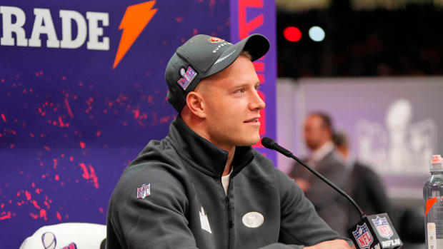Feb 5, 2024; Las Vegas, NV, USA; San Francisco 49ers running back Christian McCaffrey (23) talks to the media during Super Bowl LVIII Opening Night at Allegiant Stadium. Mandatory Credit: Lucas Peltier-USA TODAY Sports